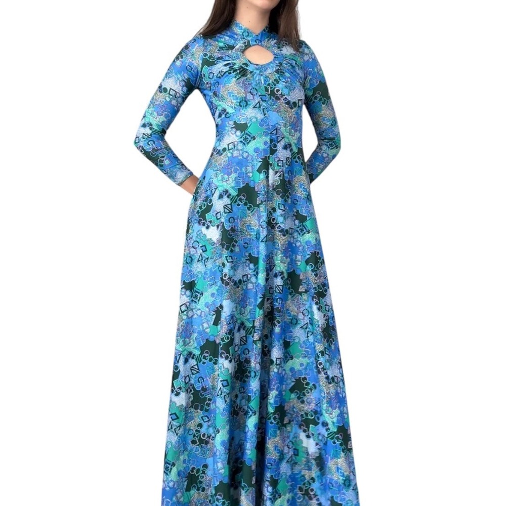 60s Robert David Morton Maxi Dress Geometric Keyhole Gown S Blue Vintage 70s